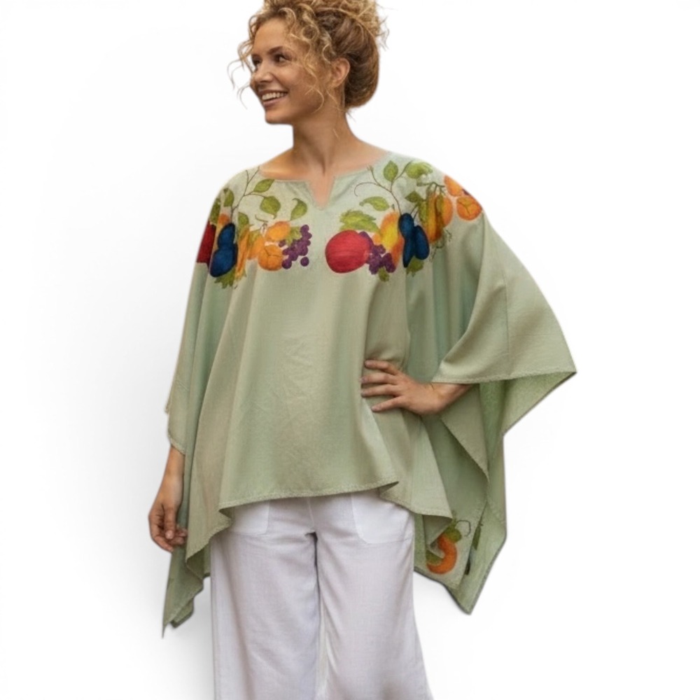 Sage Green Hand Painted Fruit Kaftan Top Notched V-Neck OS Vintage Handmade